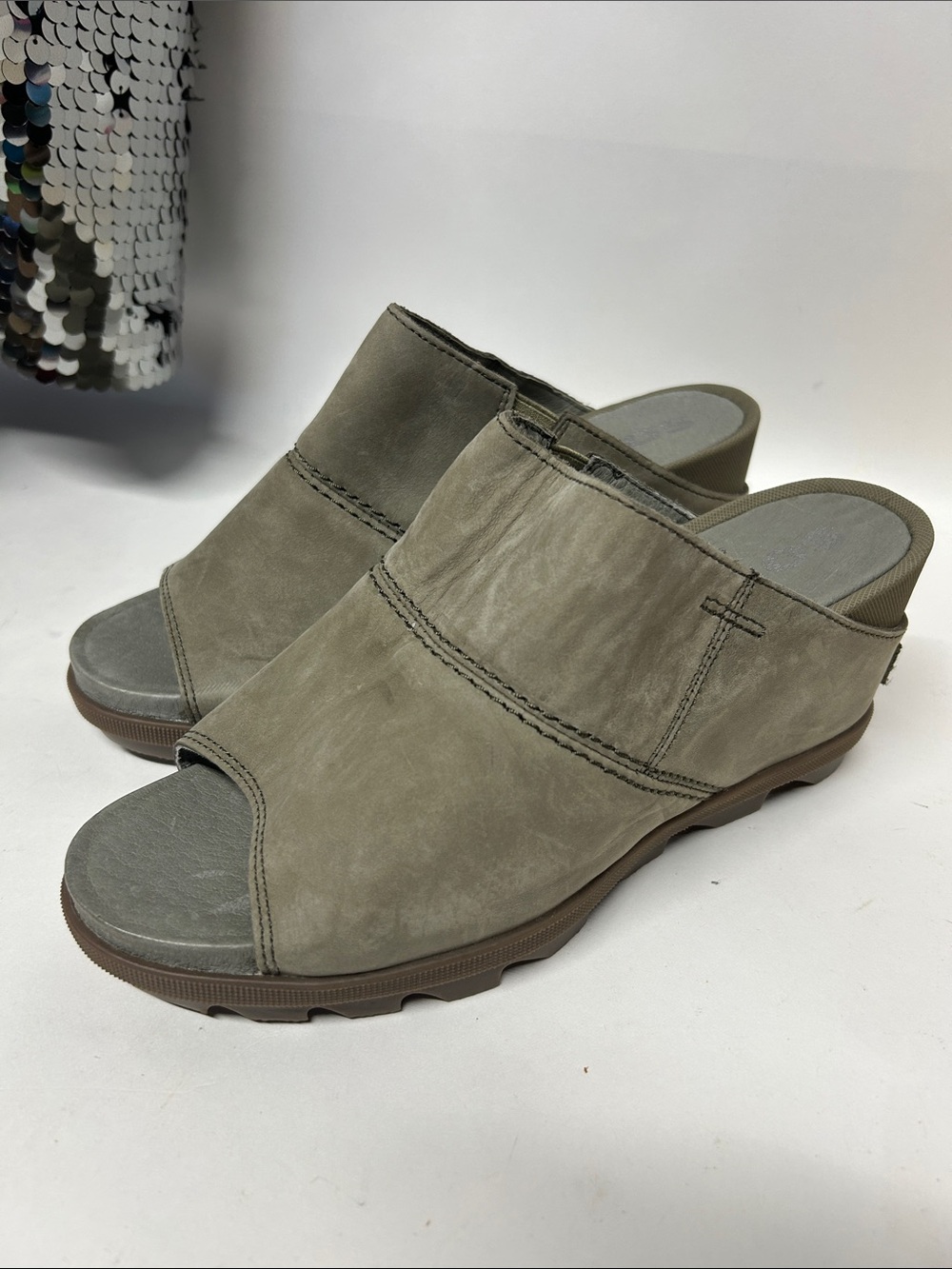 Sorel Olive-Taupe Open-Toe Slip-On Wedge Mules